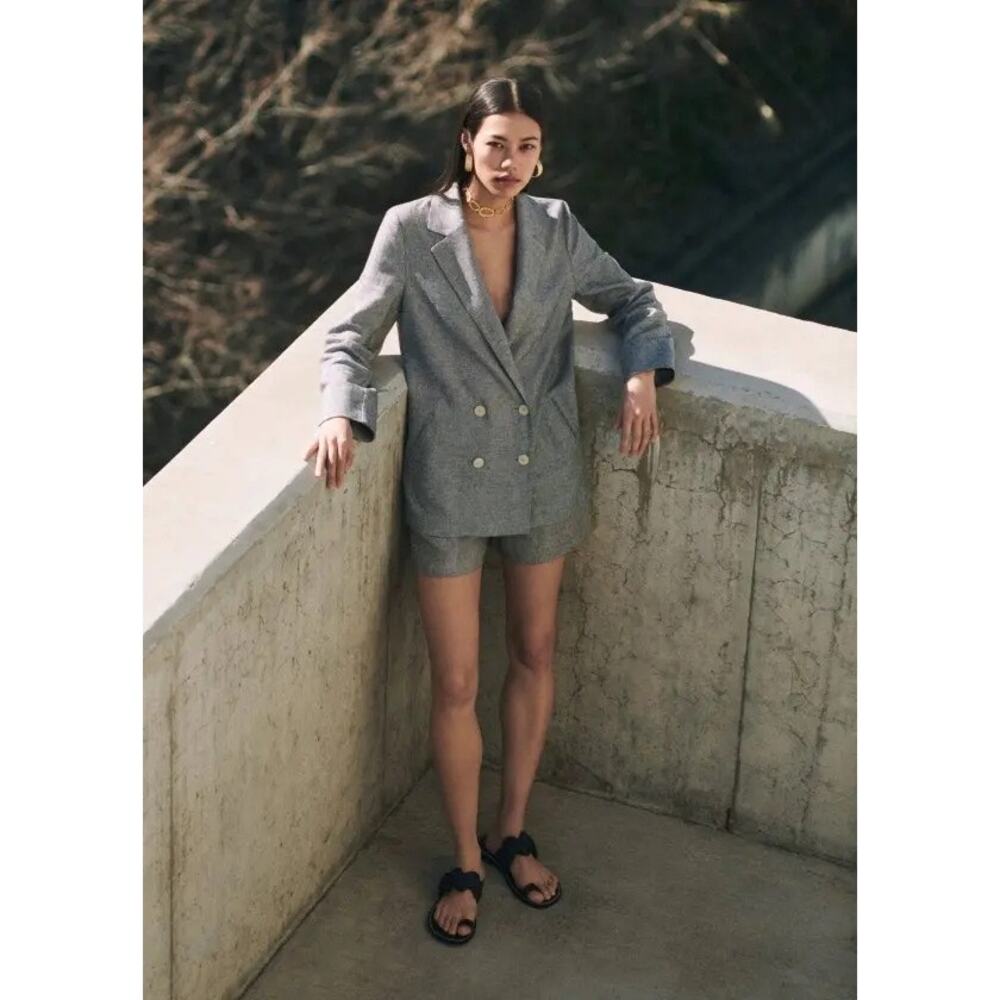MNG Mango Linen Double Breasted Blazer Minimalist Coastal Chic Black White S New